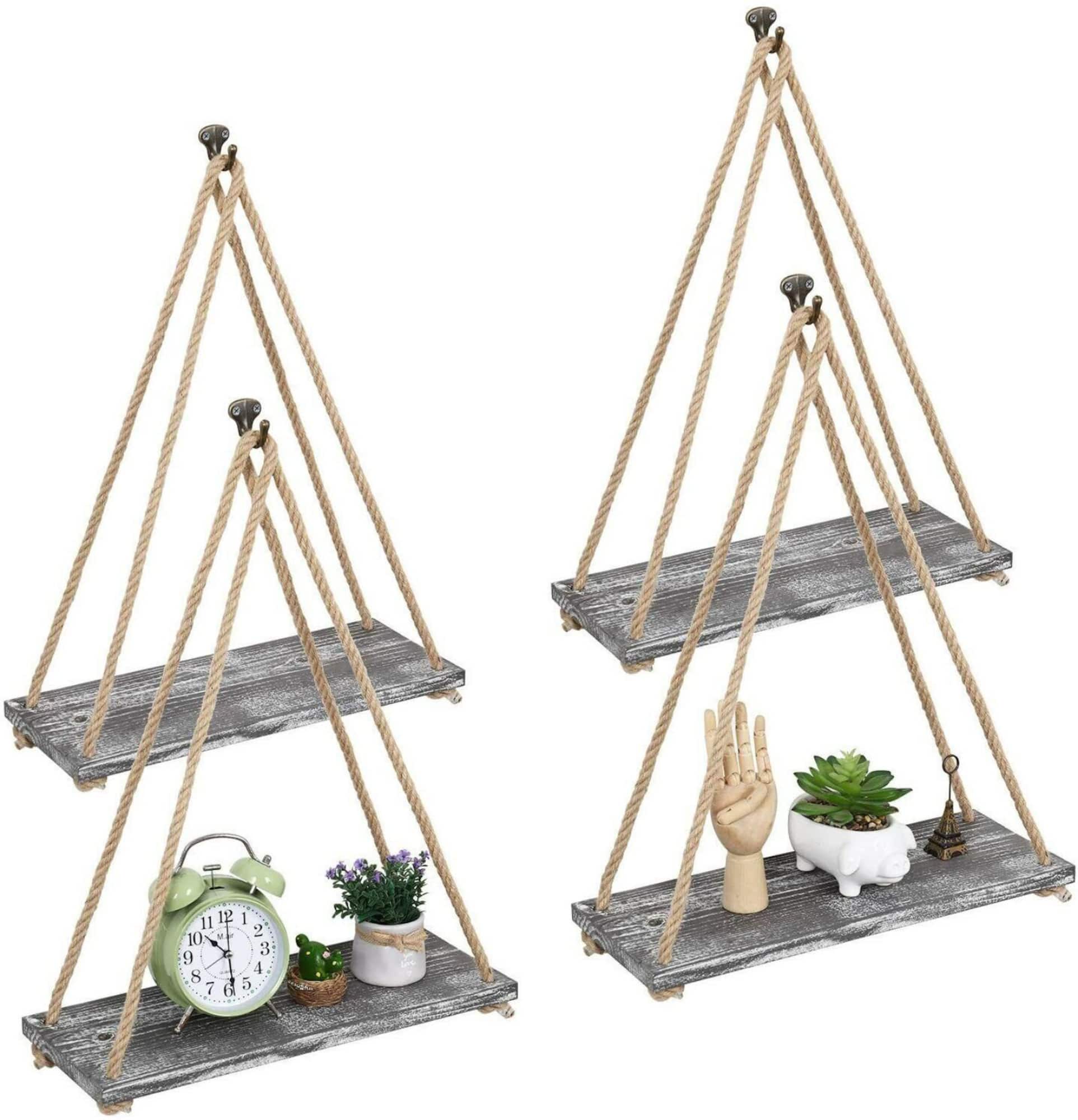 NEX™ 16" Gray Whitewash Hanging Rope Wood Wall Shelves, 4ct.
